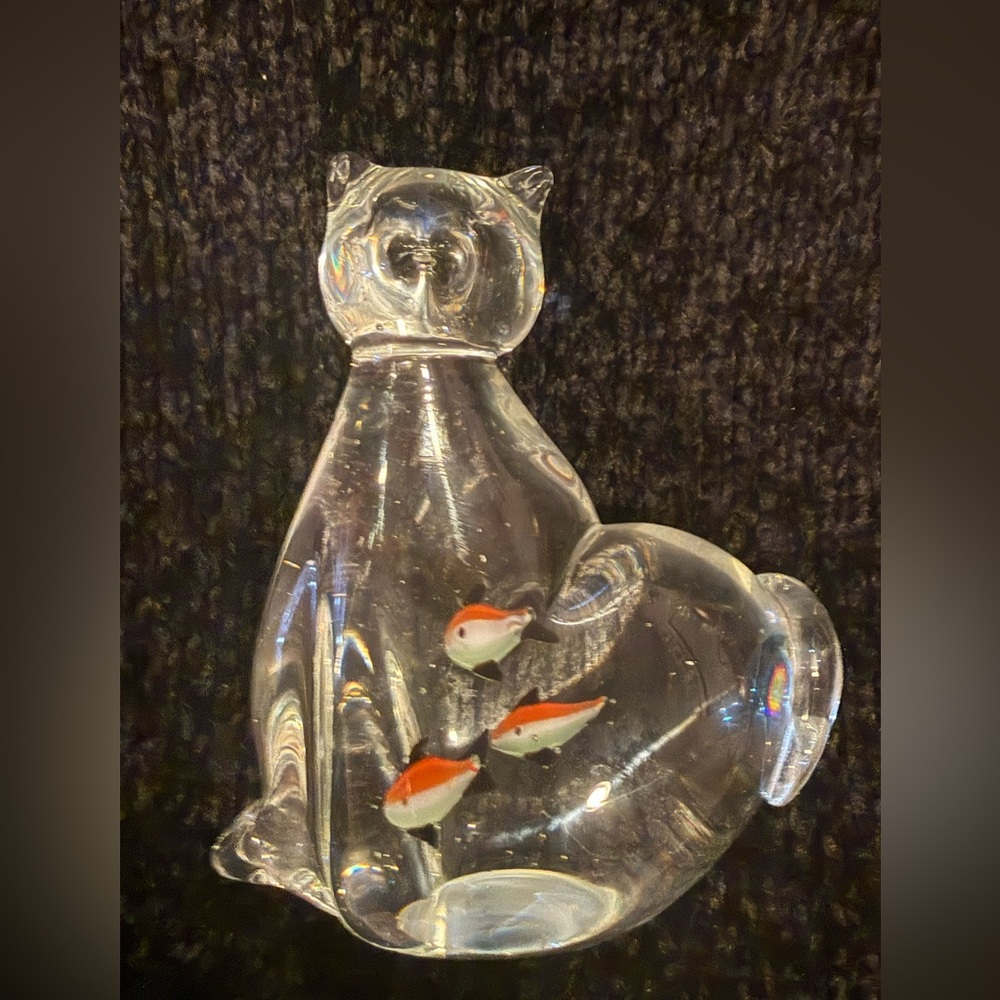 Vintage glass Cat Figurine with Orange Fish Accents